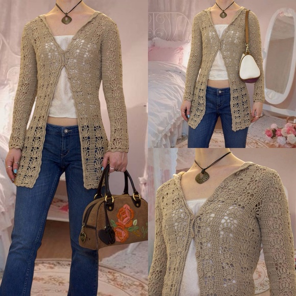 Vintage y2k boho crochet hooded cardigan - Picture 4 of 16
